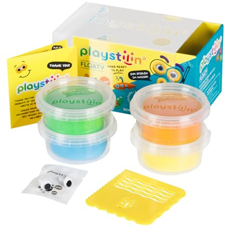 Playstilin Floaty - Original Schwimmknete, in Wasser spielbare, vegane Kinderknete, kreatives Plastilin Knetset mit Zubehör und Werkzeug in der Box, Modelliermasse Nicht trocknend