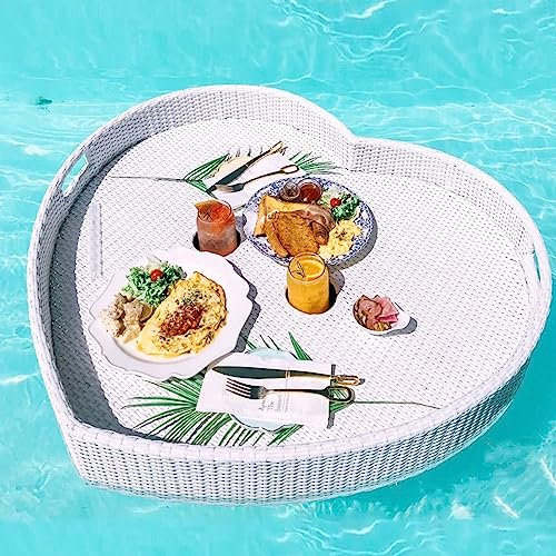 Schwimmende Herz-Bar für den Pool, Erfrischungstablett aus Rattan, schwimmendes Frühstückstablett für den Swimmingpool, schwimmender Tabletttisch für den Swimmingpool im Freien, 60 cm