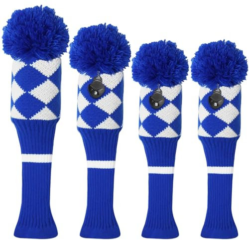 3 or 4 Pack Pom Golf Head Covers for Woods 1 3 5 Driver Fairway Hybrids Wood HeadCovers Set with Number Tag Knitted Golf Head Covers (Cyan 1335)