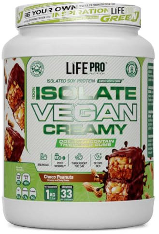 Life Pro Isolate Vegan Creamy 1kg | Aislado de proteina de Soja | 100% vegano (Choco Peanuts)