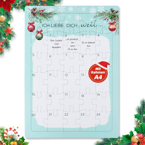 WenmthG Originelles Adventskalender Puzzle mit Rahmen - ICH LIEBE DICH Adventskalender A4 Weihnachtskalender - Geschenk für Frauen - Geschenk für Freundin
