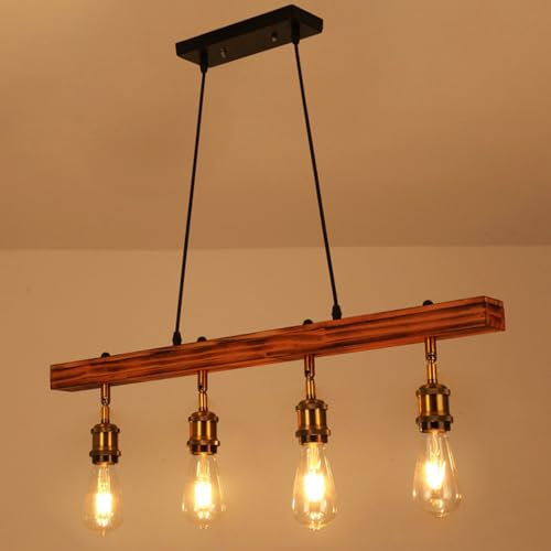 Vintage Pendelleuchte Holz Esstischlampe Retro 4-flammig E27 Höhenverstellbar Hängeleuchte Holzbalken Hängelampe Esstisch Industrial Pendellampe Esszimmer Küche Wohnzimmer Bar Restaurant Kronleuchter