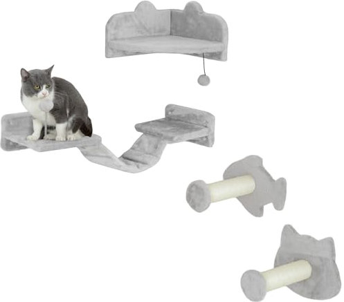 PawHut Katzen Kletterwand Set, 4-teilig Katzenmöbel mit Stufen, Leiter, Sprungtürmen, Kratzbäumen, Spielball, Sisal, für Katzen bis 5 kg, Hellgrau