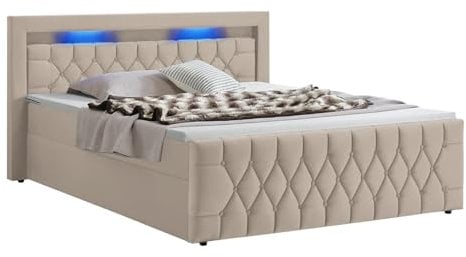 Juskys Boxspringbett Leona 140x200 cm - Bett mit LED Beleuchtung, Topper & H4 Federkern Matratzen - Einzelbett mit Samt und Steppung - Beige