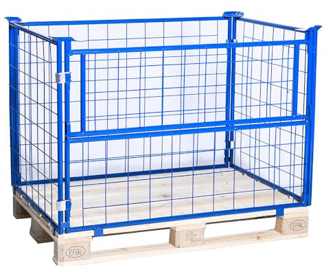 HHL Euro-Gitterbox mit Klappe | Gitteraufsatzrahmen H800 x L1200 x B800mm für Aufbewahrung| Faltbarer Gitterrahmen für Euro-Palette | Gitterbehälter aus Stahl | Gitterboxen für Holz, Lager | Blau