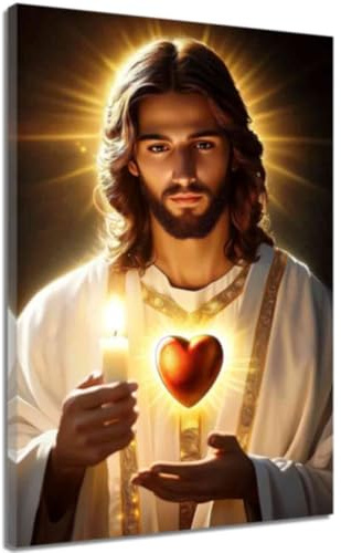 ZQQART Heiliges Herz Jesu Leinwanddrucke Katholische Kunst Heiliges Herz Bild von Jesus Drucke Gott beobachtet dich Gemälde (Gold,12.00 x 18.00)