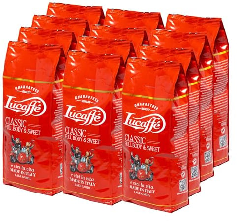 Lucaffé - Kaffeebohnen Classic, 12 Packungen zu 1 kg | Kaffee aus ganzen Bohnen für cremigen Espresso | Mittlere Röstung | Süßer und vollmundiger Geschmack | Feines und schokoladiges Aroma