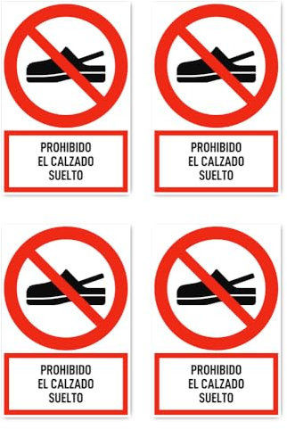 Autocollants : 150 x 100 mm, 4 pièces – Interdiction de chaussures en vrac – Langue : espagnol – Panneau d'interdiction avec texte (rouge/blanc) – vertical – DIN EN ISO 7010