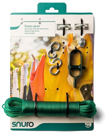 SNURO Wäscheleine - Set (20M) mit Anleitung - Komplettes DIY-Set - Schnell und einfach