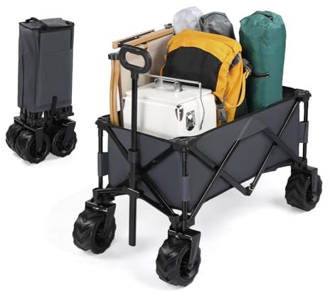 Bonnlo Bollerwagen Faltbar Luftreifen, XXL Gartenwagen, Transportwagen Klappbar mit 360° Rädern, Handwagen bis 100 kg Tragkraft für Strand, Camping, als Einkaufstrolley, 107×55×90,5cm, Grau