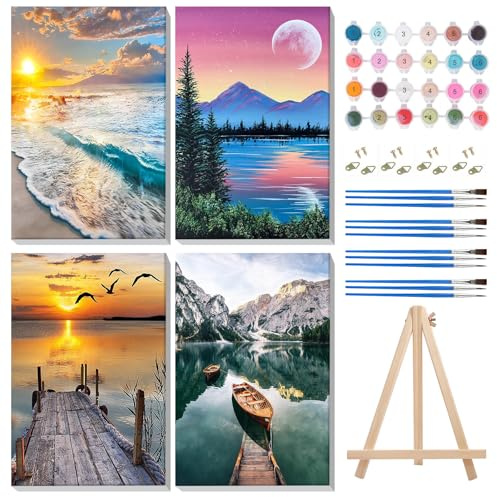 MISCER 4 Stück Gerahmt Malen Nach Zahlen Erwachsene, Malen Nach Zahlen Erwachsene Anfänger Mit Holzstaffelei, Scenery DIY Landschaft Ölgemälde Leinwand Kit für Home Deko 20X30cm