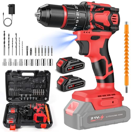 Trapano Avvitatore Batteria, 70 Nm Avvitatore a Batteria con 2 Batterie 1.5Ah, 25+3 Impostazione Coppia, 2 Velocità, 10MM Mandrino Autobloccante, LED Luce, 29 Accessori, per Riparazione (Rosso)