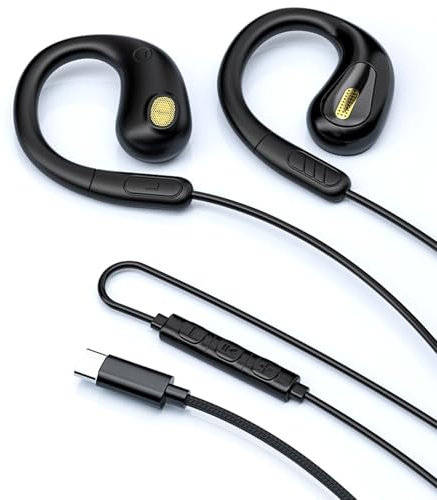 fesoklaf Auriculares de oído abierto con cable USB C con ganchos para las orejas, auriculares para correr con micrófono y control en línea, conducción de aire, auriculares estéreo con cable para