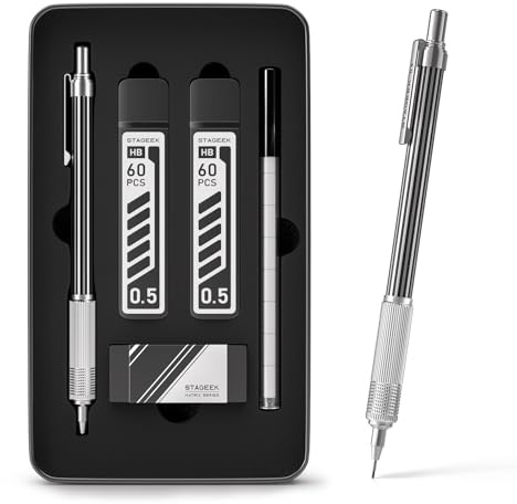 STAGEEK - 0,5 mm mechanischer Bleistift mit Metall-Geschenketui, 1 Metall-Bleistift mit 120 HB-Bleistiftminen, 4B Radiergummis und 9 Radiergummi-Ersatzteilen