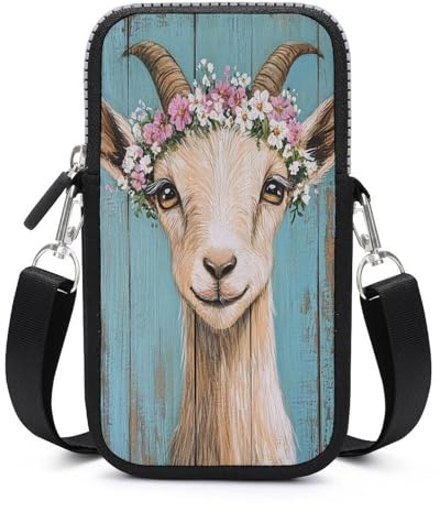 Jubonexis Minimalistische Ziege Portrait Wildblume Krone Crossbody Handytasche Smartphone Tasche mit verstellbarem Riemen