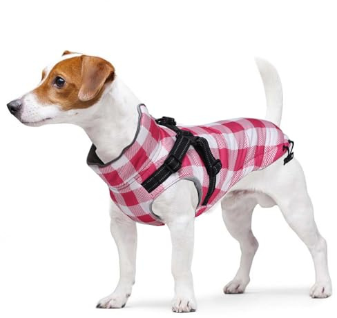 Ctomche Winter Coat Harness Jacket for Dogs - Plaid Puppy Coats for Cold Weather - Warm Fleece Waterproof Jacket with Reflective Harness for Small Medium Large Dogs - Pink-Medium