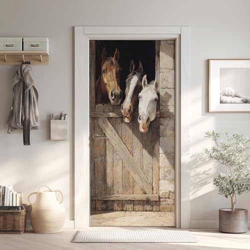 Cheval Poster de Porte 3D Trompe L'oeil 73x205 cm, Cheval D'écurie Auto-Adhésif Sticker Porte pour Chambre Cuisine, Animaux Stickers Autocollants de Porte