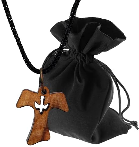 Lunexus Collier Croix Tau Colombe Bois d'Olivier 2x1,7 cm | Croix Tau en bois d'olivier de Bethléem, bénie par un prêtre, symbole de paix et de foi.