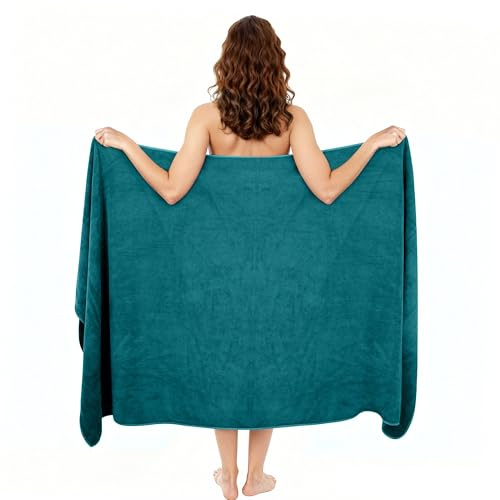 MLACXLT Saunahandtuch Damen 90 x 180 cm – Saunatuch aus 420 g/m² Mikrofaser, Saugstark & Weich, großes Sauna Handtuch mit Aufhänger Badetücher Größe (Pfauenblau)