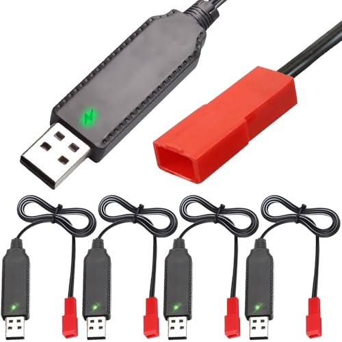 HAAMNING7 USB Charger Cable with JST 2 Pin Plug, USB-A Male to JST 2 Pin Female Connector Plug for 3.7V 1S Lipo Battery & 3.6V 3S Ni-MH/Ni-CD Battery Pack (4 Pack)