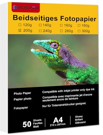 HUSPER Doppelseitiges Hochglanz-Fotopapier, A4, 200 g/m², 50 Blatt, für Tintenstrahldrucker, nur Farbstofftinte