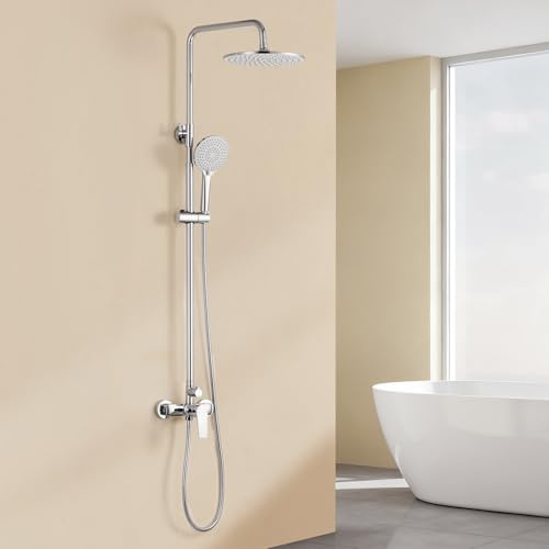 Auralum Columna de Ducha con Grifo, Rociador Redondo Ø250 mm, Teleducha 3 Modos, Barra de Ducha Acero Inoxidable Ajustable, Distancia entre Orificios 82-119 cm, Cromo