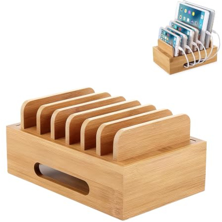Holz Ladestation für Mehrere Geräte Ladestations Organizer 6 Fächer Handy-Dock Tragbare Dockingstationen Charger Tablet Computer Aufbewahrungsbox