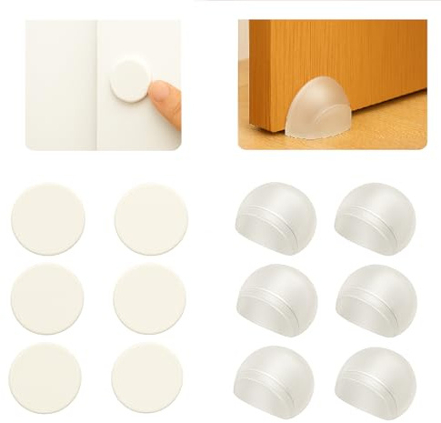 Topes para Puertas Suelo PACK 6+6 Tope Puerta Pared Adhesivo, Tope Puertas Suelo y Protector Pared Hogar y Oficina, Topes para Puerta Silencioso, Tope de Puerta Sin Taladro (Door Stopper)