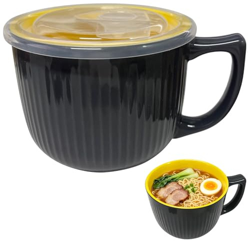 yeesport 30 oz / 900 ml Ceramic Soup Bowl, Large Bowl with Handle and Vented Lid, Microwave Safe Food Storage Container for Ramen, Noodle, Cereal, Fruit, Salad