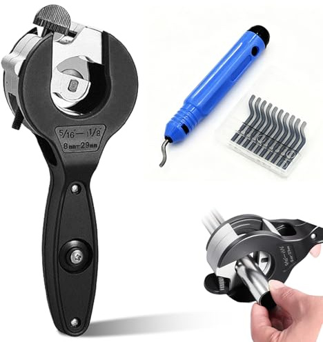 Tagliatubi a cricchetto per acciaio inossidabile e rame (8-29 mm), tagliatubi in acciaio inox e plastica, set da taglio per tubi con 3 dischi da taglio intercambiabili