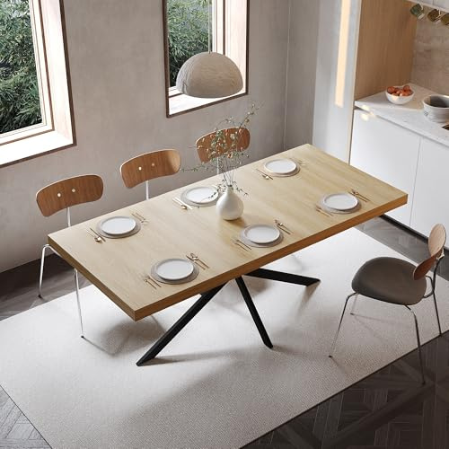 FammyLoft Ausziehbarer Esstisch 140-180cm, Küchentisch mit Versteckter Stauraum, Dining Table mit Stabil X-Metallgestell für 4–6 Personen, Klappbarer Esszimmertisch für Esszimmer/Kitchen(Ohne Stühlen)