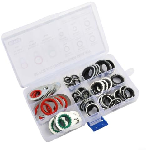 Kit de sellado de juntas de compresor de CA, surtido de 60 piezas con metal para arandelas de goma de anillo para reparación de sistemas de aire acondicionado automotriz y prevención de fugas en caja