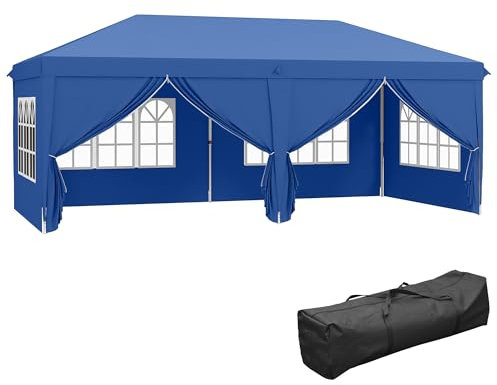 Outsunny 3 x 6 m Garden Pop Up Gazebo, Wedding Party Tent Marquee, Water Resistant Awning Canopy with Sidewalls, Windows, Carry Bag, Blue