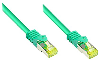Kabelmeister® RJ45 Patchkabel mit Cat. 7 Rohkabel und Rastnasenschutz (RNS®), S/FTP, PiMF, halogenfrei, 500MHz, OFC, grün, 25m