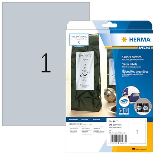 HERMA 4117 Wetterfeste Folienetiketten silber, 25 Blatt, 210 x 297 mm, 1 pro A4 Bogen, 25 Stück, selbstklebend, bedruckbar, glänzend, blanko Klebeetiketten Aufkleber aus Folie