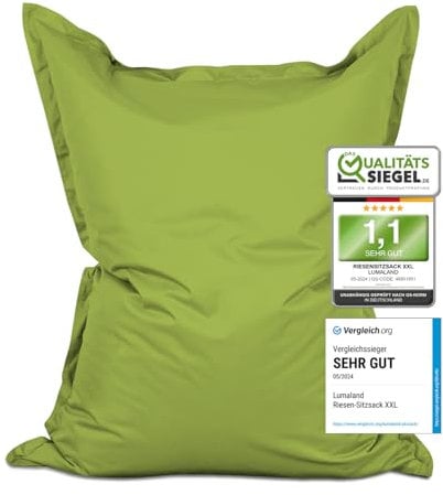 Lumaland Riesen-Sitzsack XXL 140x180 cm | Wasserfestes Indoor & Outdoor Liegekissen mit über 3 Mio. anpassungsfähigen EPS-Perlen | Bean Bag mit waschbarem Bezug [Grün]