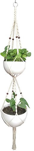 1 colgador y soporte para plantas de macramé, maceta colgante de 4 patas de doble cubierta para dos macetas de 8 a 10 pulgadas, para interiores y exteriores, cuerda de cáñamo de 67 pulgadas con anillo