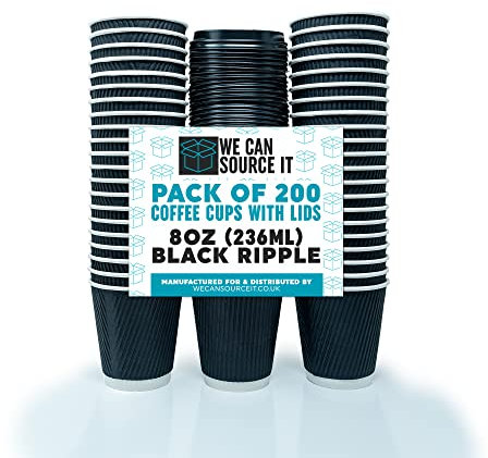 We Can Source It Ltd – 8oz Disposable Kraft Ripple Paper Cups with Black Lids – Insulated Black Paper Cups with 3 Ply Construction – 100% Compostable – for Tea, Coffee, Hot Drinks– 200Pc