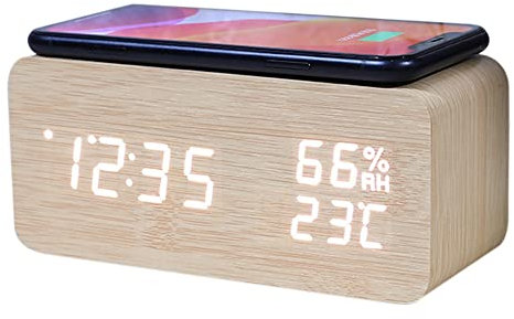WXHN Reloj Despertador, Reloj Despertador de Temperatura y Humedad Reloj ElectróNico LED Cargador InaláMbrico para TeléFono Inteligente (Color Madera)