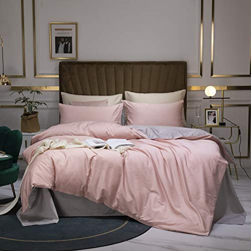 Luofanfei Wendebettwäsche 135x200 Baumwolle Rosa Grau Uni Unifarben Hellrosa Hellgrau Sommer Satin-Baumwolle Bettwäsche Set 2 Teilig Bettbezug Set Mädchen Teenager,135×200+80×80 cm