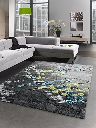 CARPETIA Teppich Kurzflor Teppich Wohnzimmerteppich Blumen grau türkis blau Größe 80x150 cm