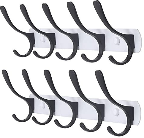 SKOLOO Lot de 2 porte manteau mural moderne avec 5 crochets, ultrasolide, en métal, pour accrocher vêtements, manteau, chapeaux, vestes, sac à dos, noir sur blanc