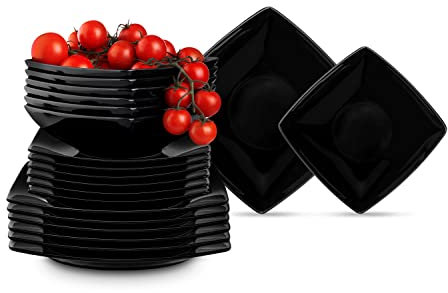 Konsimo. Geschirrset 6 Personen - EPIRI Teller Set 18 Teilig - Modern Tafelservice & Geschirrsets - Kombiservice 6 Personen - Steingut Service für Familie - Geschirr Schwarz Glanz