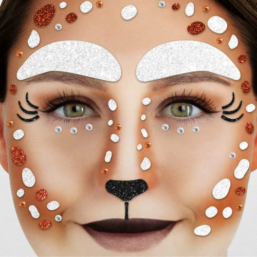 Party Factory Face Tattoo Reh, temporäres Glitter Gesichtstattoo für Motto Party, Halloween & Karneval, Kinder & Erwachsene