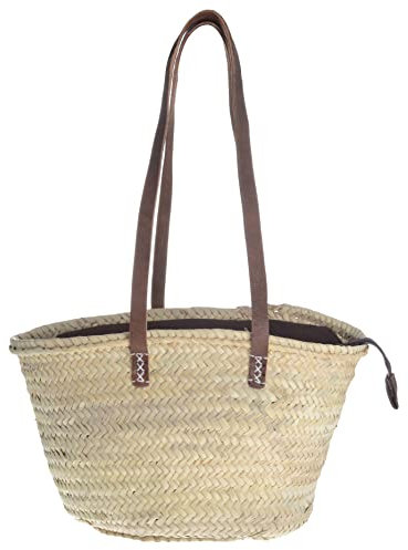 HERSIG Afrikan Bags - Bolso Capazo de Palma | Bolso de Palma de Base Oval con Cierre Cremallera y Asa de Cuero Redonda en Cuero Marrón - 41 x 24 x 25 cm