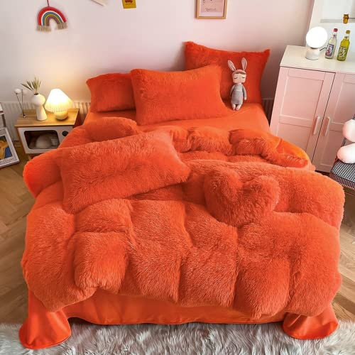 AdirHome Plüsch Bettwäsche Set Orange Bettbezug 135x200 cm plüsch Warme Winter Mädchen Langhaar Flauschig Flanell Mädchen Bettbezug mit Reißverschluss und Kissenbezug (Orange,135x200 cm)
