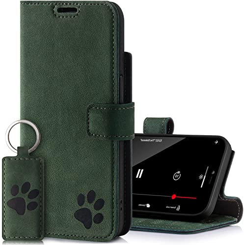 SURAZO Premium Handyhülle für Apple iPhone 14 Pro – Premium Echtleder Schutzhülle mit Pfote Motiv – RFID Klapphülle [Magnet, Standfunktion, Kartenfach] Cover Hülle Leder Case Lederhülle (Dunkelgrün)