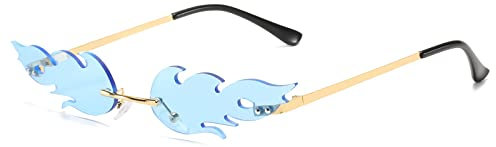 OSAGAMA Feuer Flamme Sonnenbrille Damen Herren Mode Randlos Welle Sonnenbrille Schmal Trendy Party Eyewear Blue