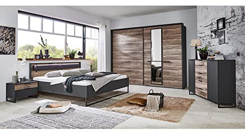 Lomadox Komplettset Schlafzimmer, mit Doppelbett 180x200 cm Polsterkopfteil Nachttisch 2er Set Kommode Schwebetürenschrank 2 türig mit Rahmen Graphit Eiche