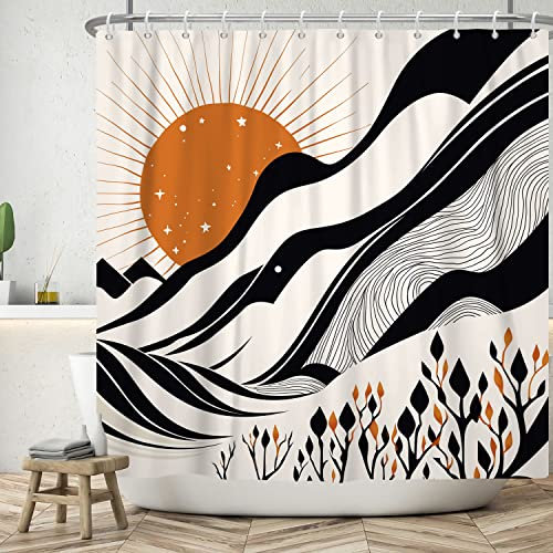 ASDCXZ Duschvorhang Boho 180x200 cm, Modern Abstrakt Kunst Boho Style Sonne Sterne Abstrakt Hügel Baum Beige Waschbar Duschvorhänge Textil Wasserdicht Duschvorhang für Badewanne mit 12 Haken